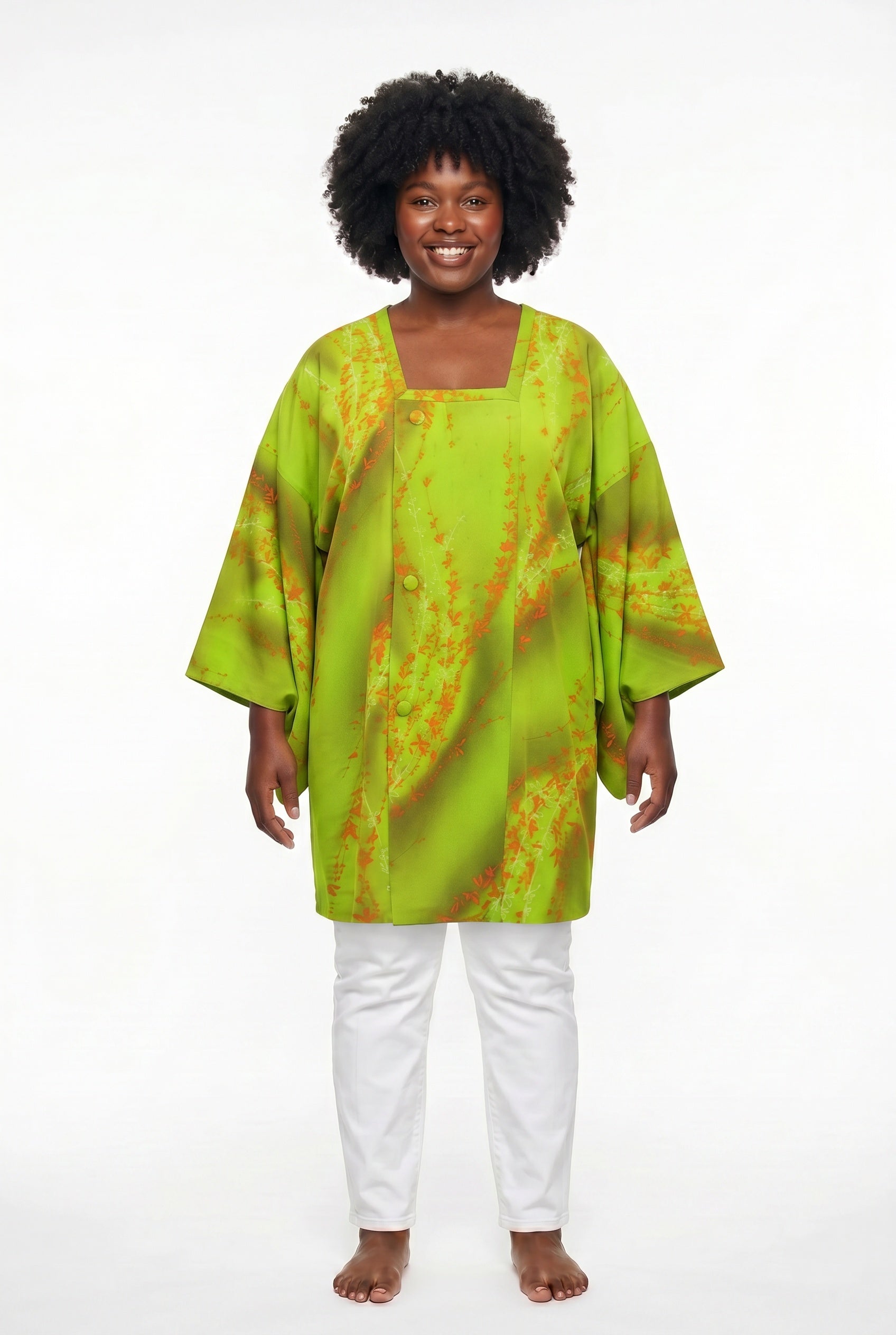 Lime green silk buttoned kimono jacket