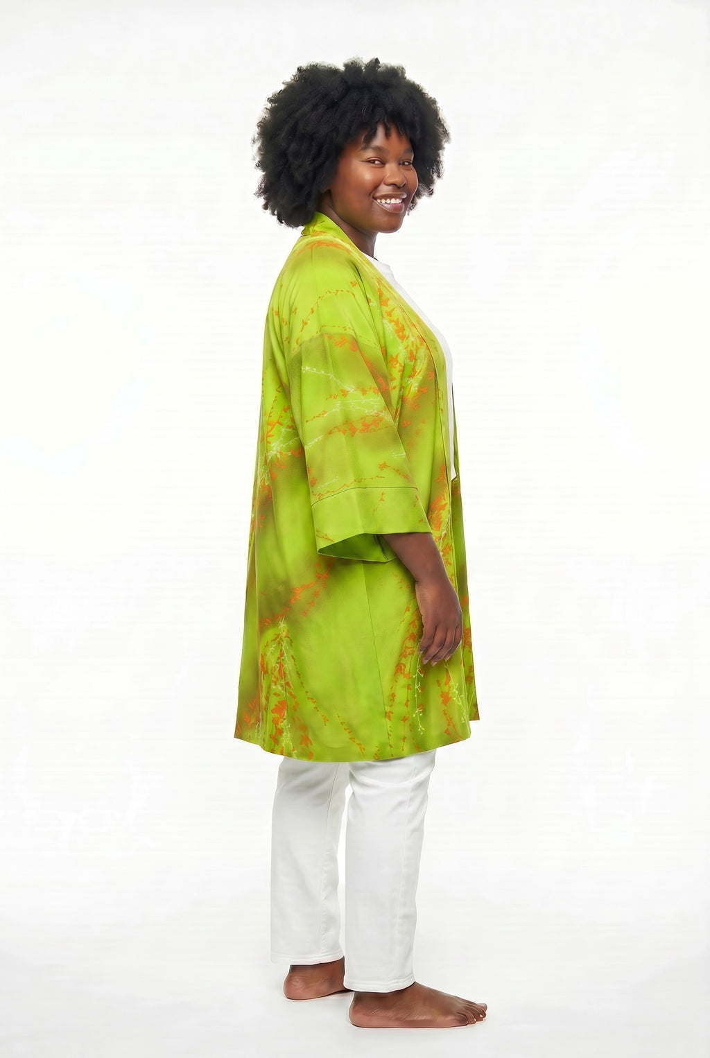 Lime green silk buttoned kimono jacket