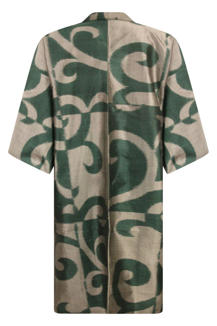 Green and gray meisen silk long kimono jacket - Kiku 