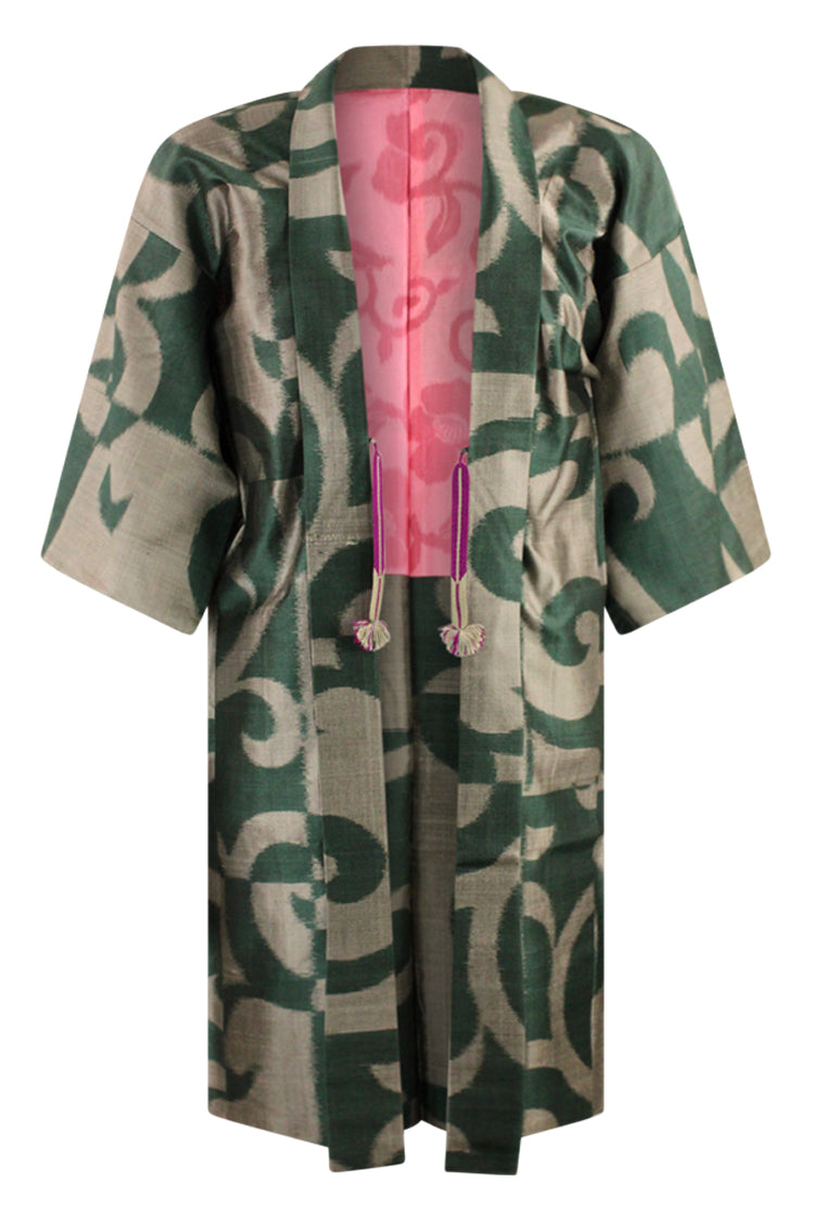 Green and gray meisen silk long kimono jacket - Kiku 