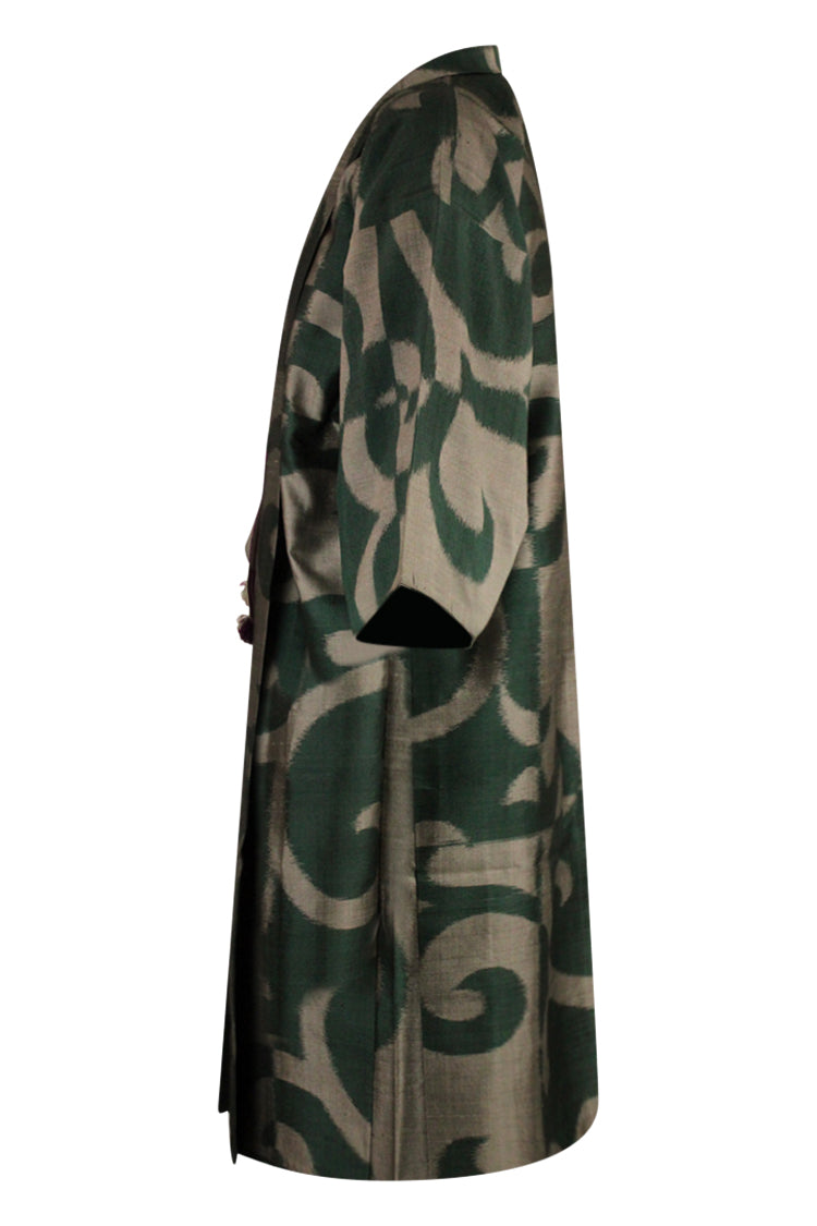 Green and gray meisen silk long kimono jacket - Kiku 