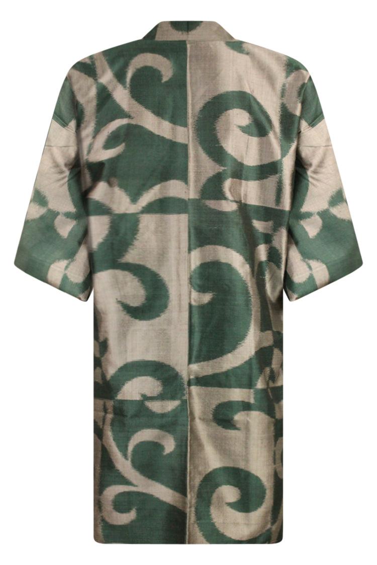 Green and gray meisen silk long kimono jacket - Kiku 