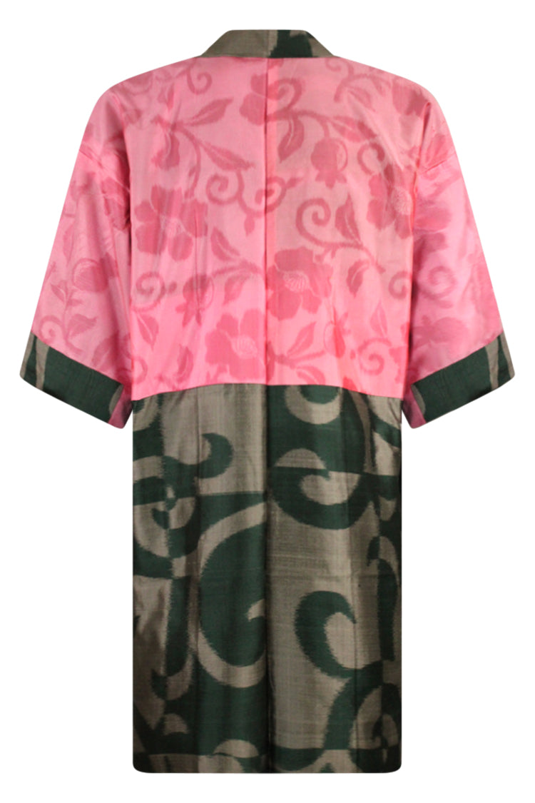 Green and gray meisen silk long kimono jacket - Kiku 