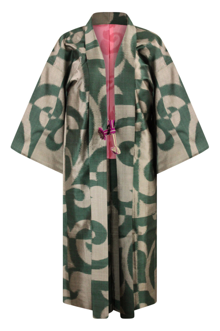 Green and gray meisen silk long kimono jacket - Kiku 
