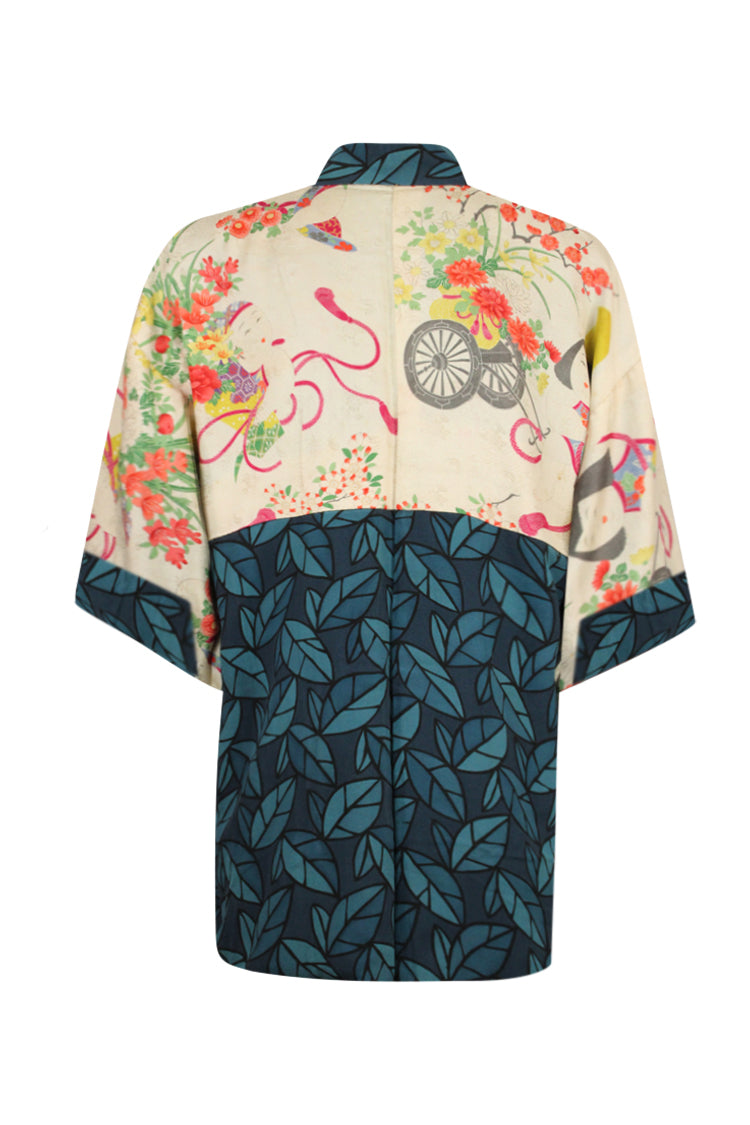 reversible blue silk vintage kimono jacket with hand painted lining