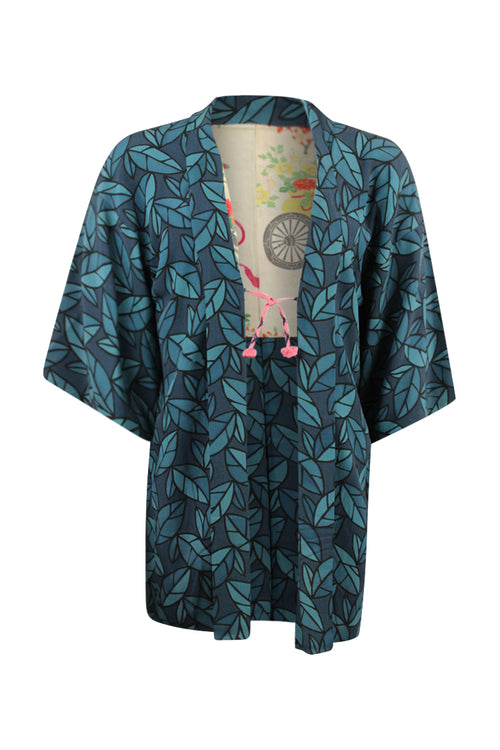 Kiku Refashion teal leaf-patterned kimono, one of a kind wearable art, made from vintage silk, gender neutral