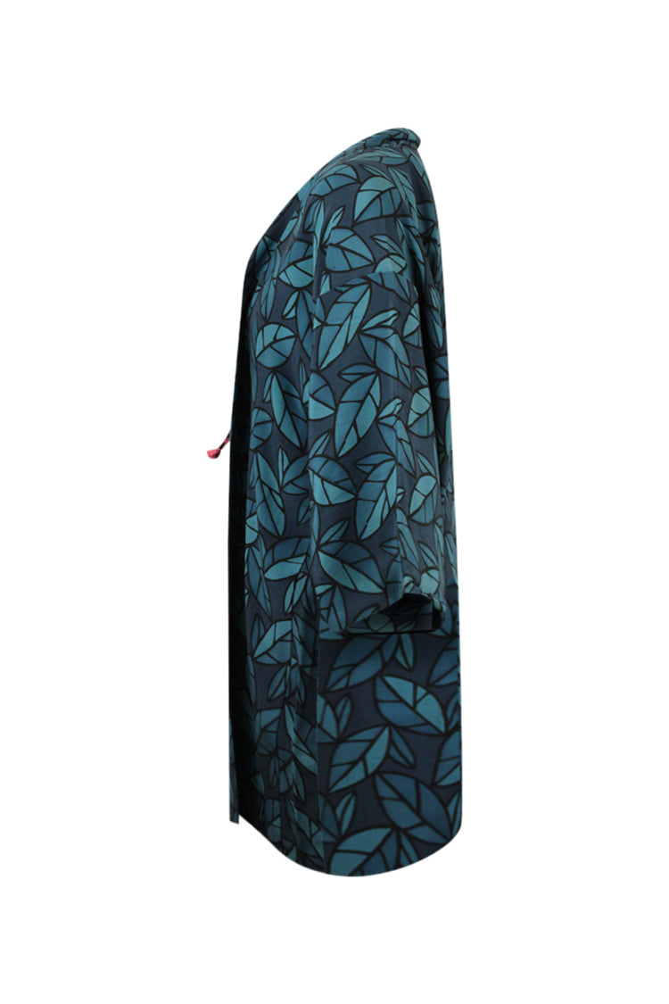 side view of leaf design silk kimono jacket in blues