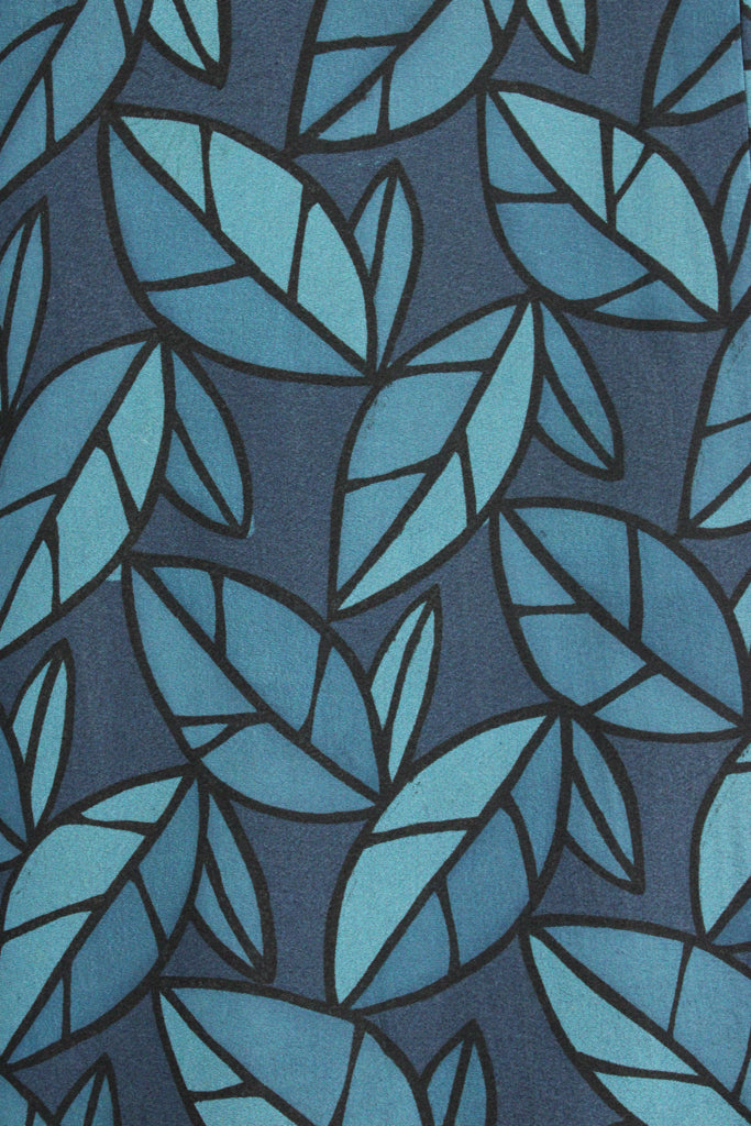detail of blue leaves on vintage silk kimono jacket