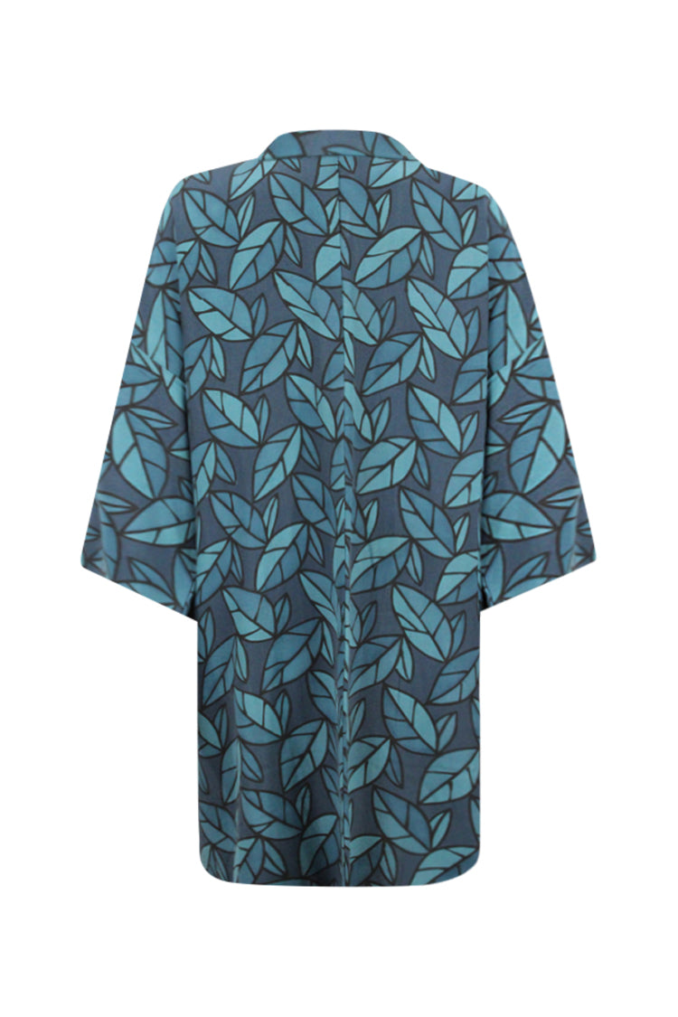 back view of blue leaf design vintage kimono jacket with refashioned sleeves