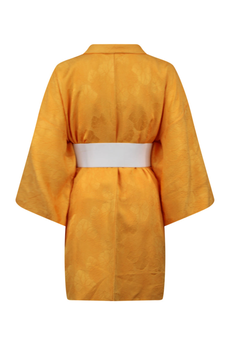 yellow silk kimono jacket rear view with white belt