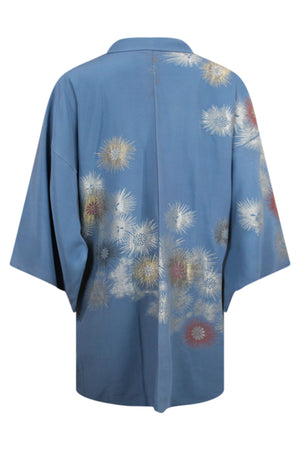 blue kimono jacket with woven flowers and modified sleeves