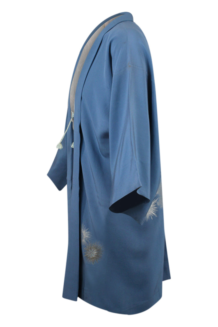 side view of blue silk one of a kind kimono jacket with refashioned modern sleeves