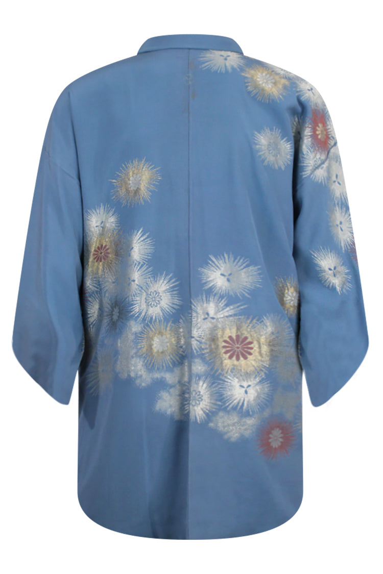 rear view of blue kimono jacket on large model