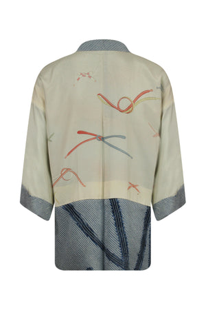 decorated lining on reversible blue vintage silk kimono jacket