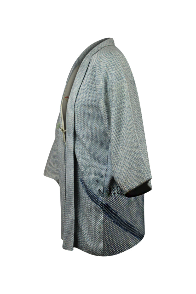 side view of blue gray kimono jacket upcycled with modernized sleeves