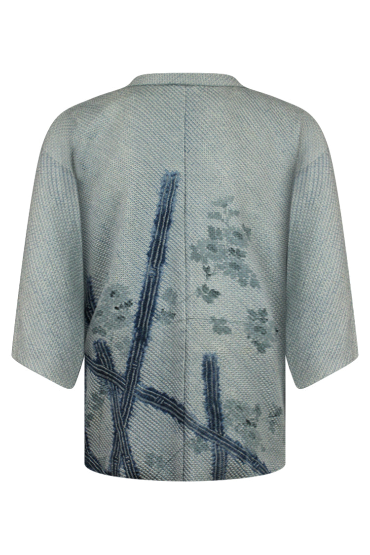 one size fits most blue silk vintage kimono jacket on a large model