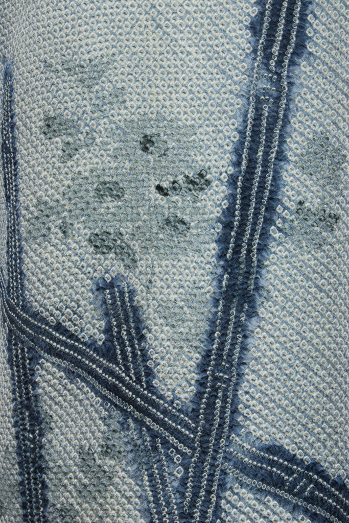 design details of hand tied dufts in blue shibori silk from vintage kimono jacket