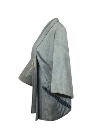 side view of blue gray kimono jacket upcycled with reduced sleeves