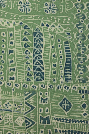 detail of blue green abstract design on silk kimono jacket