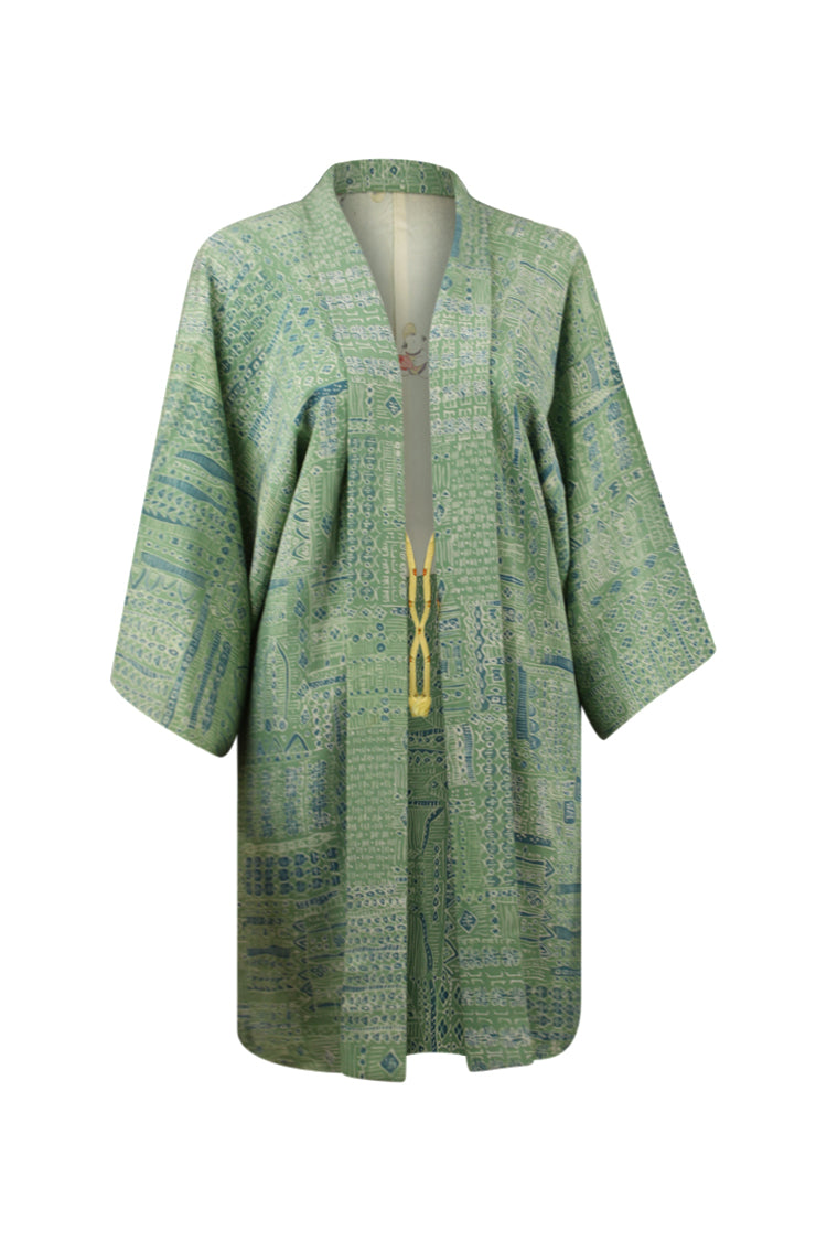 blue green silk kimono jacket with modernized sleeves