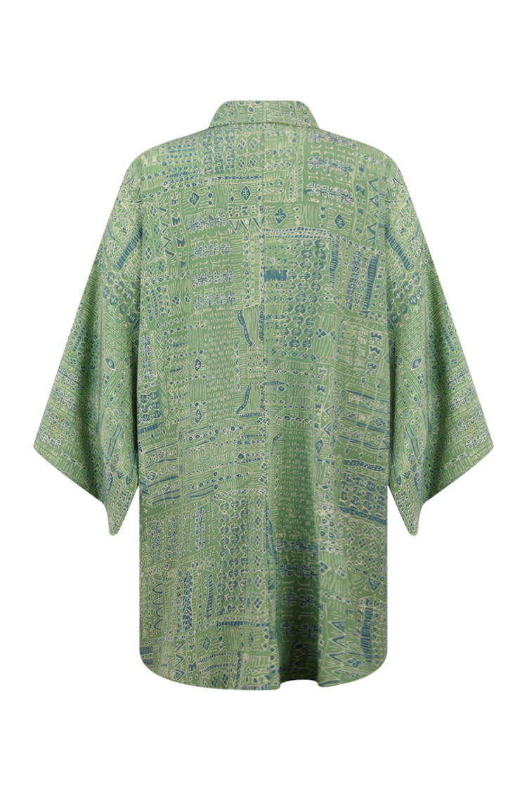 back view on small model of one size fits most green vintage kimono jacket