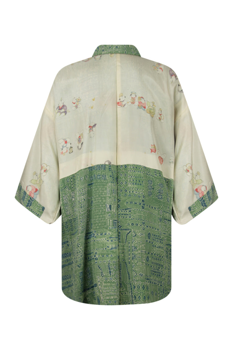 hand painted figures on lining of reversible green silk kimono jacket