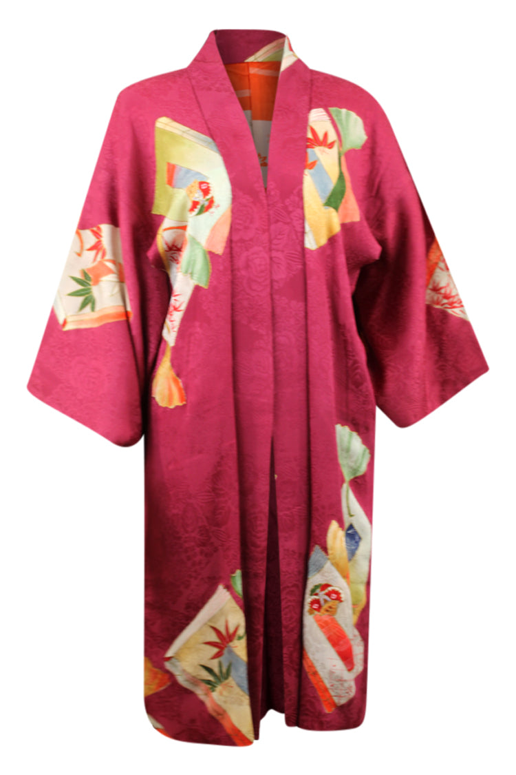 One of a kind long kimono jacket in red with hand painted traditional design