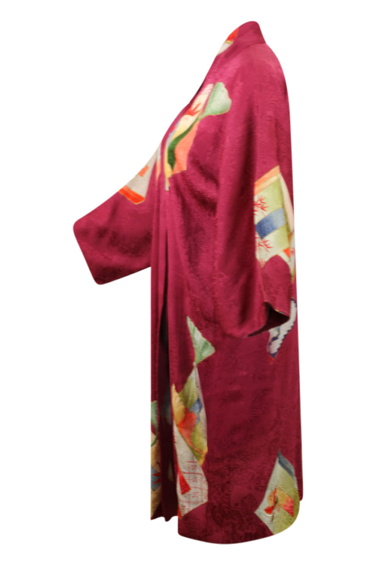 side view of refashioned red kimono jacket with reduced sleeves for today's fashion