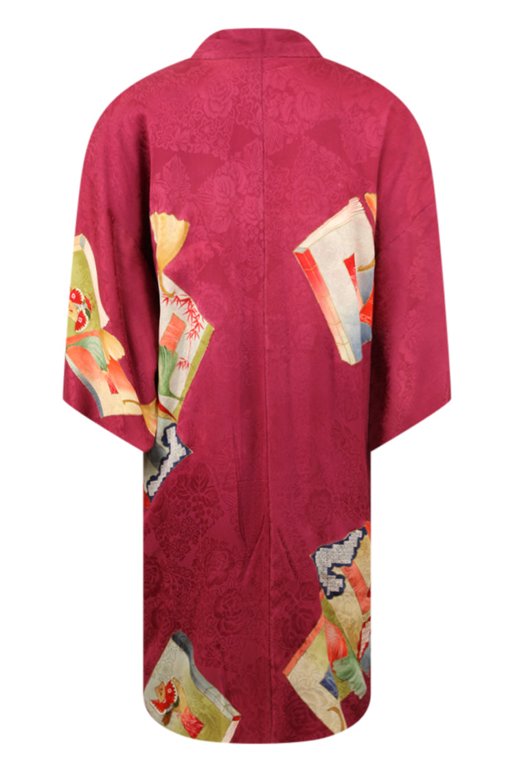 fuchsia silk kimono jacket with hand painted tradtional design 