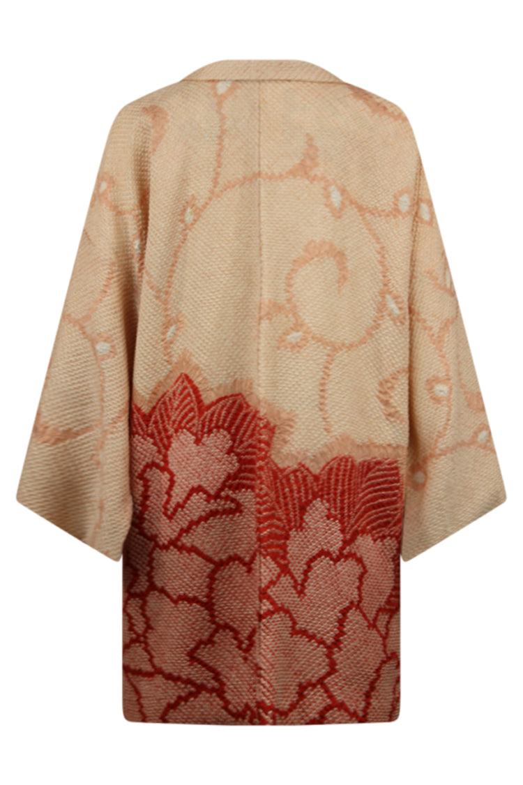 Pink and dark coral  silk kimono jacket with masterful complex shibori tie-dyed design