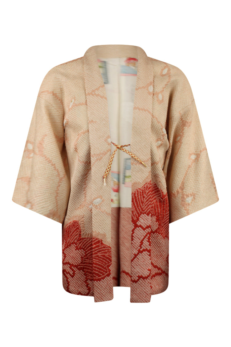 Pink and dark coral  silk kimono jacket with masterful complex shibori tie-dyed design
