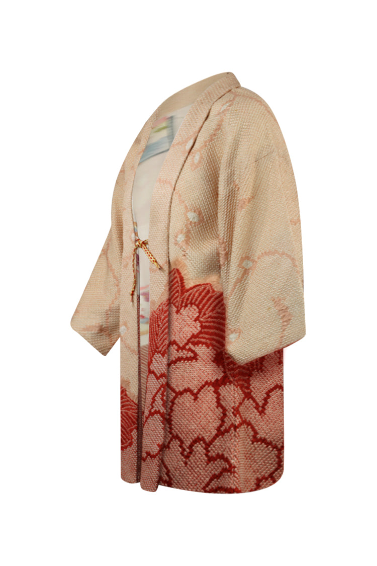 side view of pink and coral kimono jacket with refashioned modernized sleeves