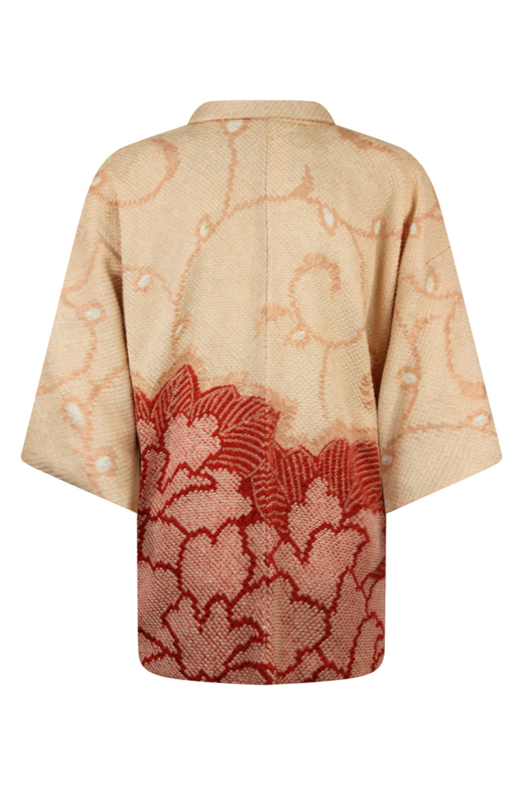 back view of high quality shibori artisanship on pink vintage kimono jacket