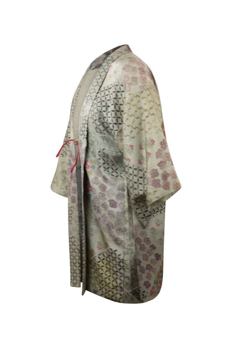 side view of gray silk vintage kimono jacket with modernized sleeves