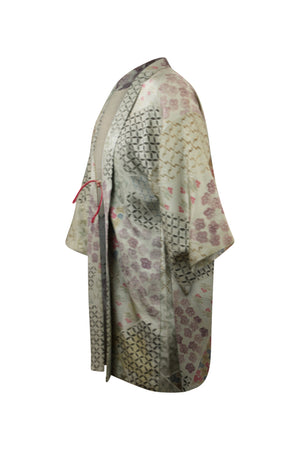 side view of gray silk vintage kimono jacket with modernized sleeves