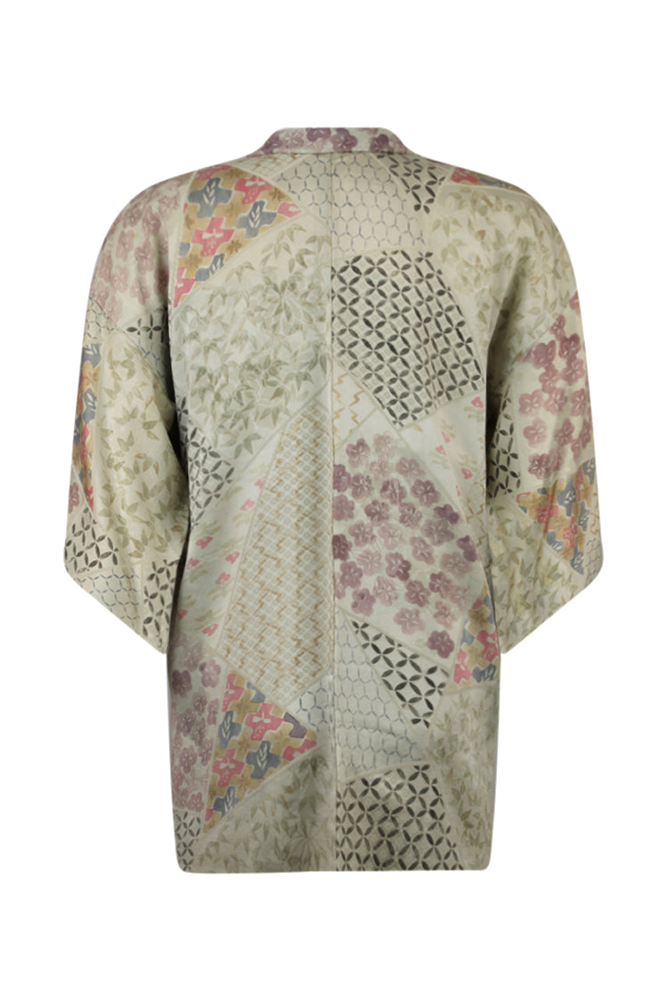 back view of vintage silk kimono jacket with abstract traditional design