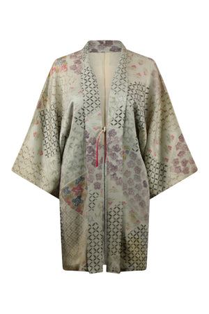 silver vintage silk kimono jacket with traditional design on small model