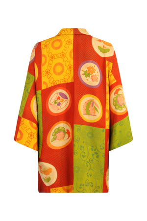 colorful orange yellow and green vintage silk kimono jacket with modernized sleeves