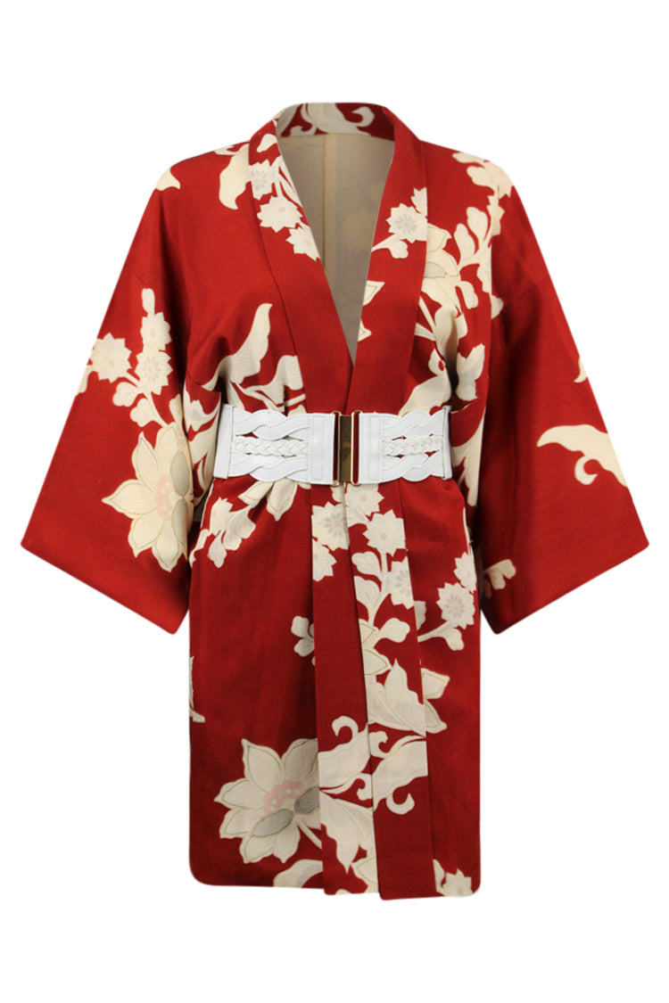 red and white silk vintage kimono jacket with modernized sleeves and cinch belt
