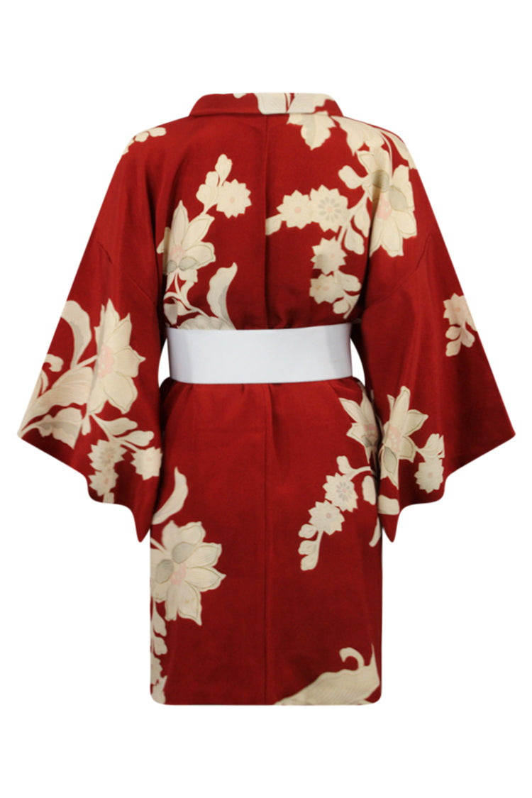 red and white silk vintage kimono jacket with modernized sleeves and cinch belt
