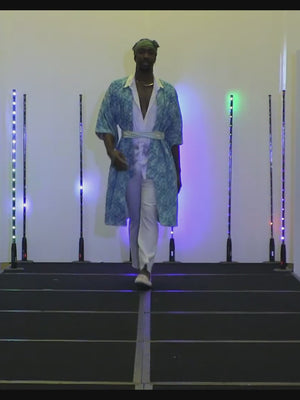 male runway model in turquoise blue refashioned silk kimono
