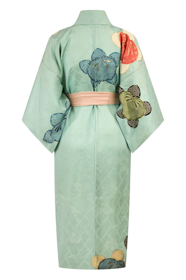beautiful turquoise upcycled silk vintage kimono with hand stenciled design