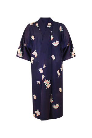 Navy summer silk kimono wrap with pink scroll design