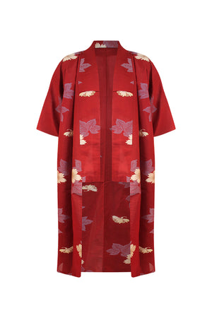 Burgundy summer silk kimono duster coat with brocade flowers