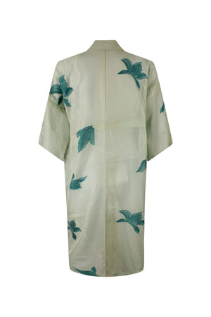 Pale green summer silk kimono duster with turquoise flowers