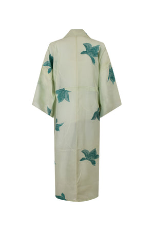 Pale green summer silk kimono duster with turquoise flowers