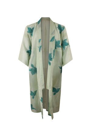 Pale green summer silk kimono duster with turquoise flowers