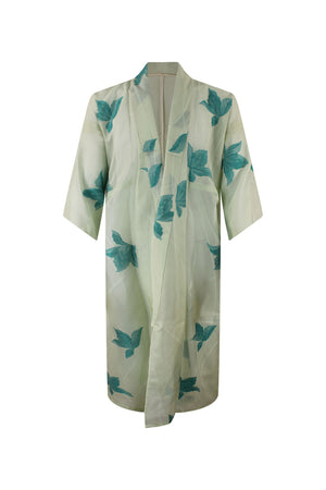 Pale green summer silk kimono duster with turquoise flowers