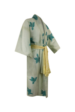 Pale green summer silk kimono duster with turquoise flowers