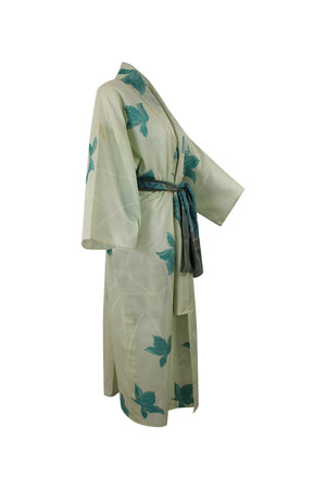 Pale green summer silk kimono duster with turquoise flowers